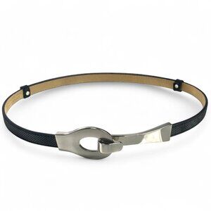 Black Slider Belt With Brushed Silver Metal Clasp Adjustable Leather Lined M/L